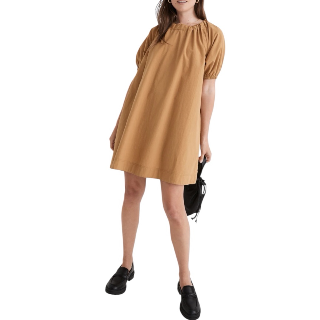 Madewell Crinkle Tan Puff Sleeve Dress